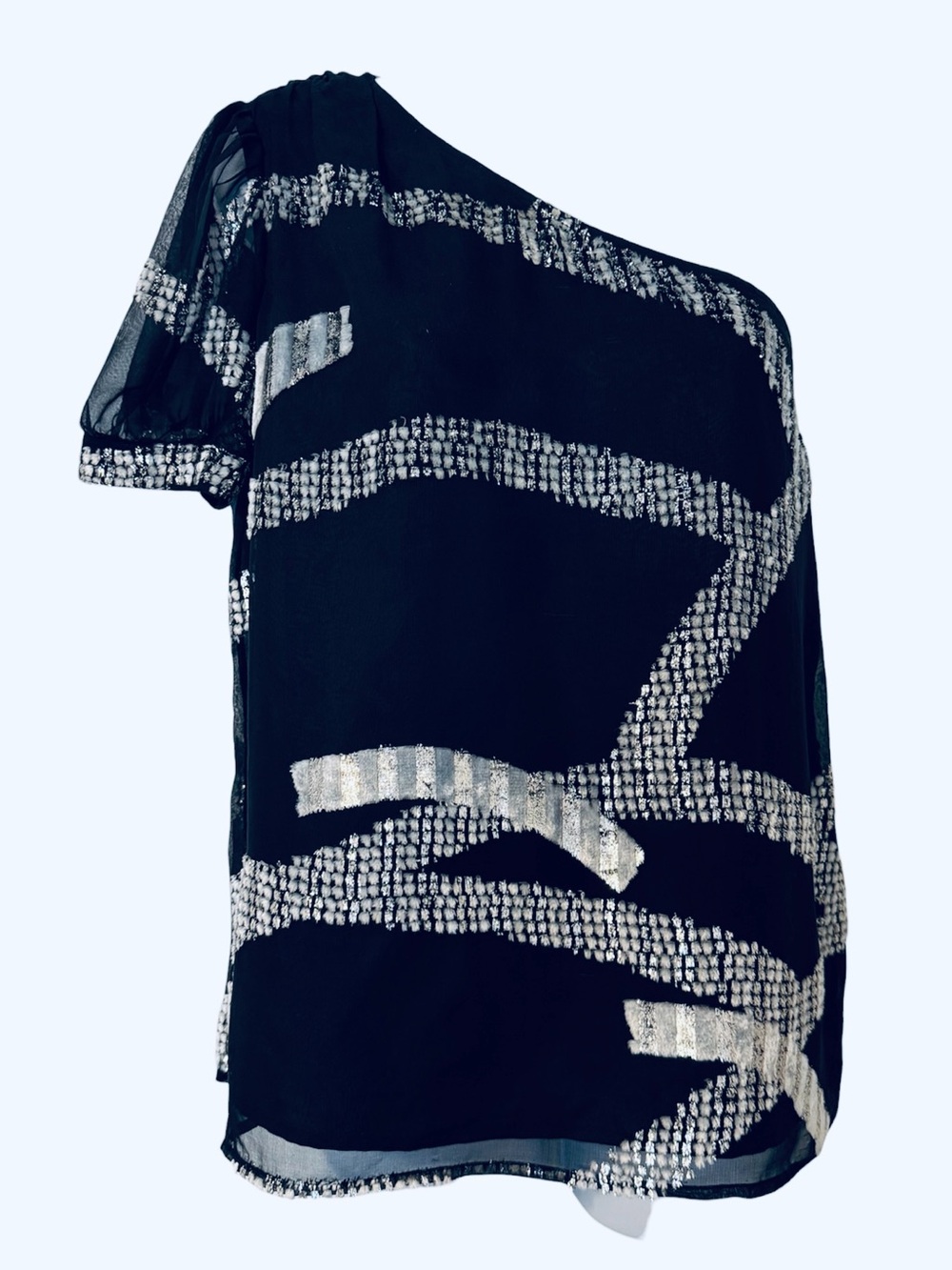 Marc By Marc Jacobs Silk Blend Black Top with Silver Metallic Stripes - Size 6